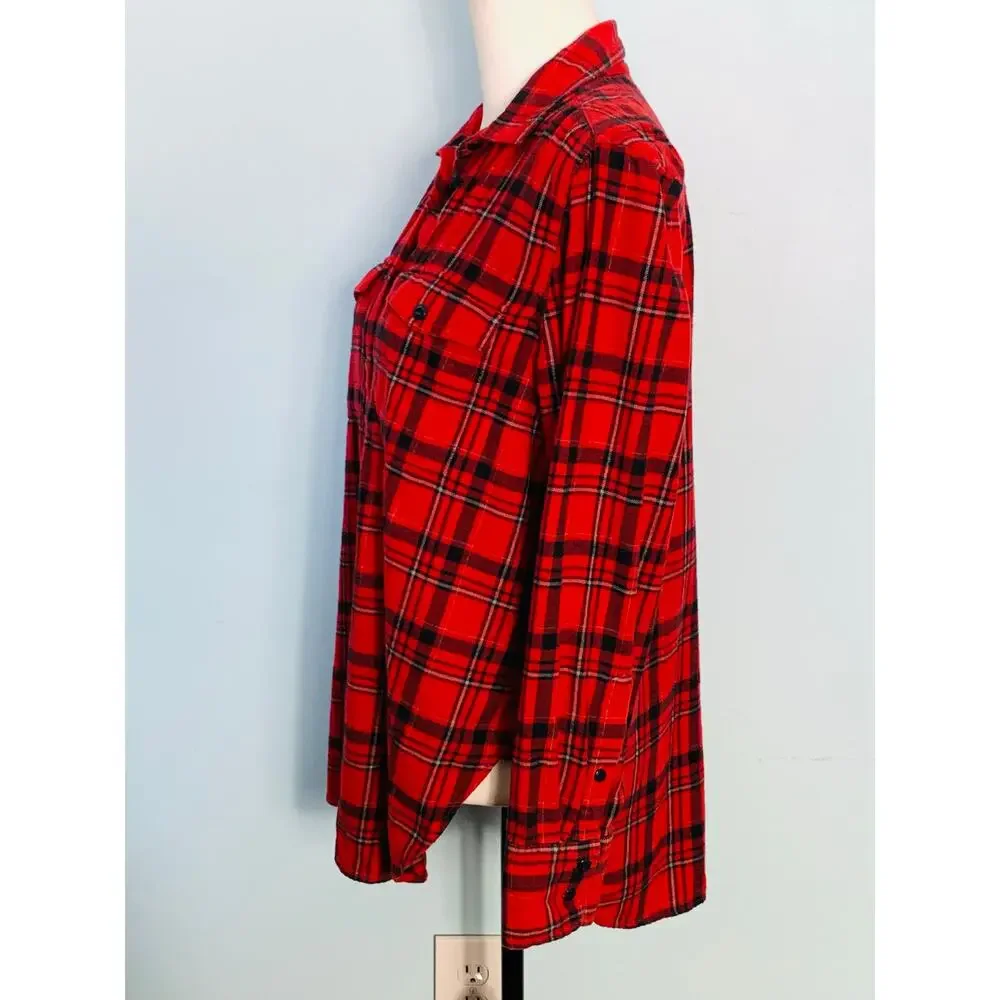 J. Crew Red and Black Windowpane Plaid Flannel Button Down Size 8